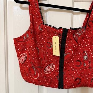 Monteau Red Paisley Top with Lace Trim